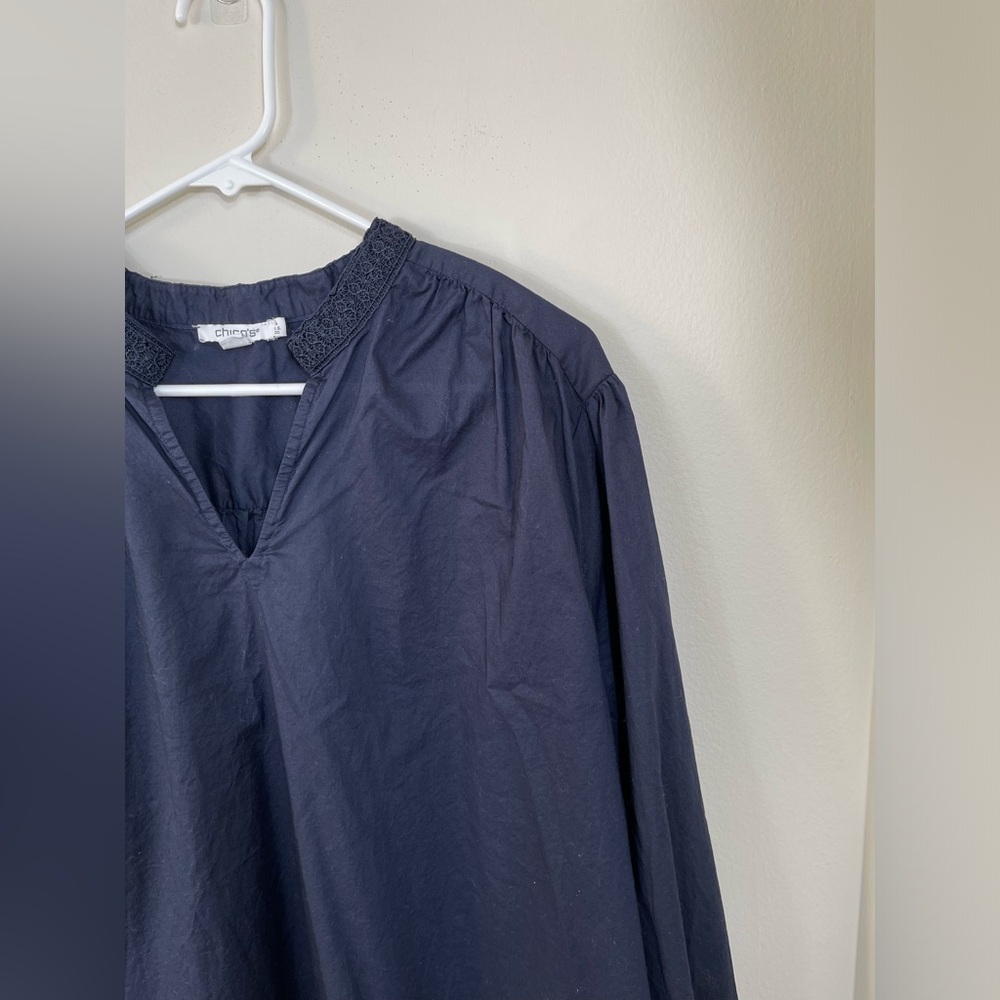 Chico's Elegant Blue Navy Women's Lace Trim Top Blouse Cotton Casual Career Sz 4 - Picture 4 of 16